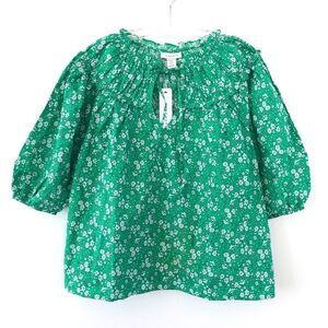 Topshop Ruched Yoke Floral Bishop Cotton Blouse In Green (flawed)
